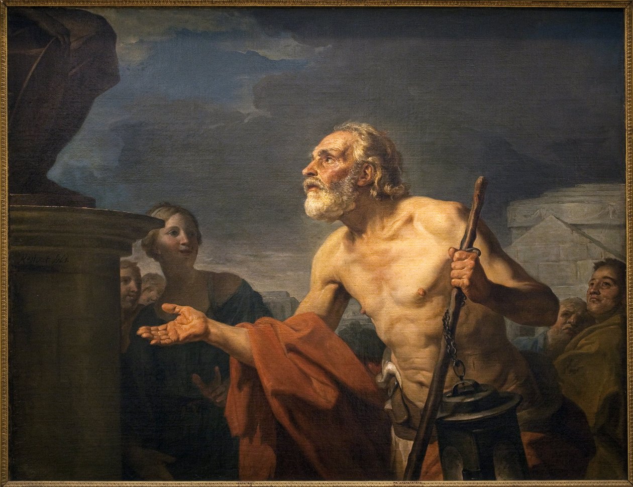 Diogene pyysi almonia patsaille. (Sinope Diogene kutsutaan kyyniseksi, noin 413-noin 327 eKr.). Jean Bernard Restoutin (1732-1797) maalaus Öljy kankaalle tekijältä Jean Bernard Restout