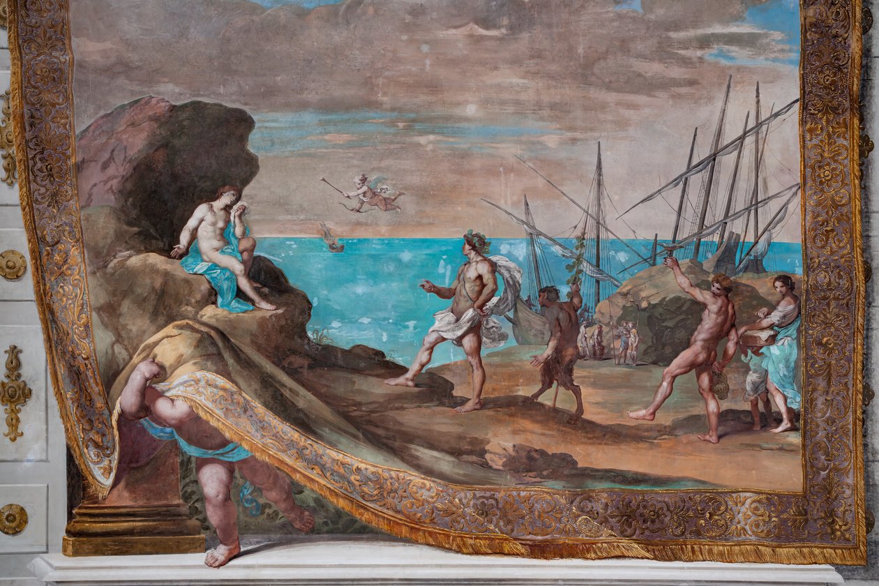 Bacchus tavoittaa Theseuksen hylkäämän Ariadnen Naxoksen saarella. tekijältä Jean Boulanger