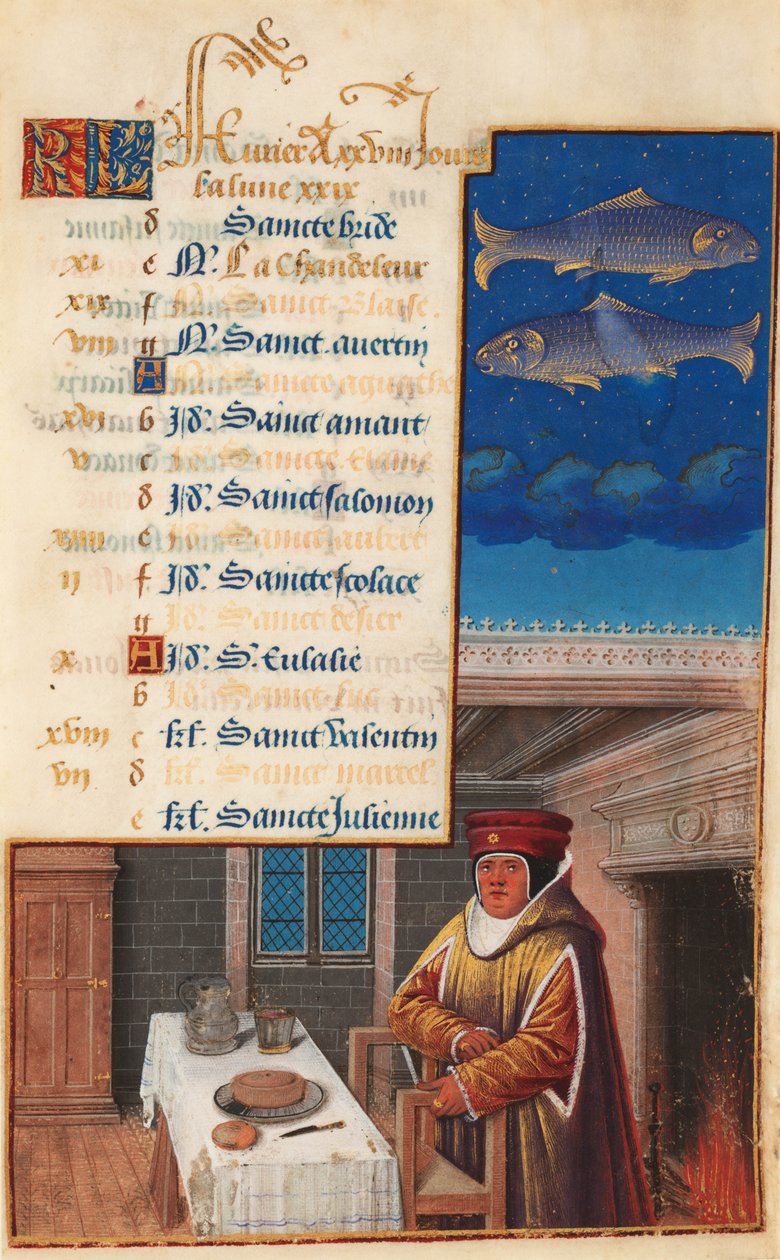 Ludvig XII:n tunnit (aiemmin Henrik VII:n tunnit), helmikuun kalenterilehti, n. 1490-1510 (tempera pergamentilla). tekijältä Jean Bourdichon