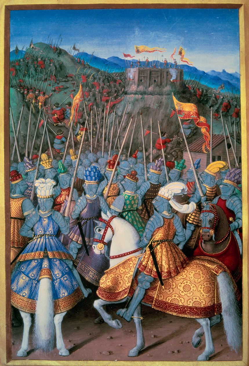 Italian sodat: Kuningas Ludvig XII (1462-1515) hyökkäsi Geeniä vastaan ​​joukkoineen vuonna 1507. Miniatyyri Jean Marot