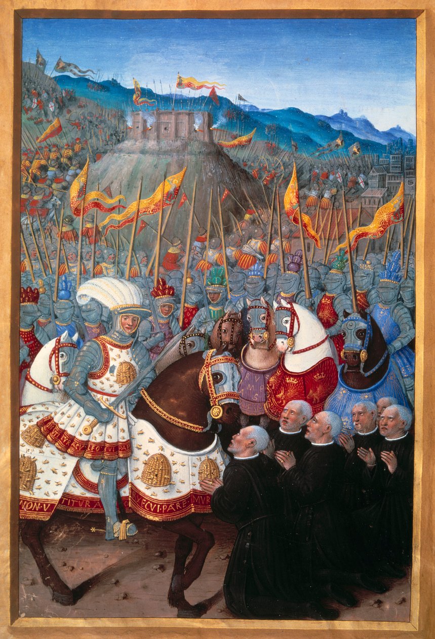 Ludvig XII (1462-1515) sai kuusi porvaria Genesistä polvistumaan (25. huhtikuuta 1507). Jean Bourdichonin (1457? - 1521) pienoismalli teoksessa "" Voyage de Genes"" (Folio 20v), kirjoittanut Jean Marot, v.1508. Paris, B N tekijältä Jean Bourdichon