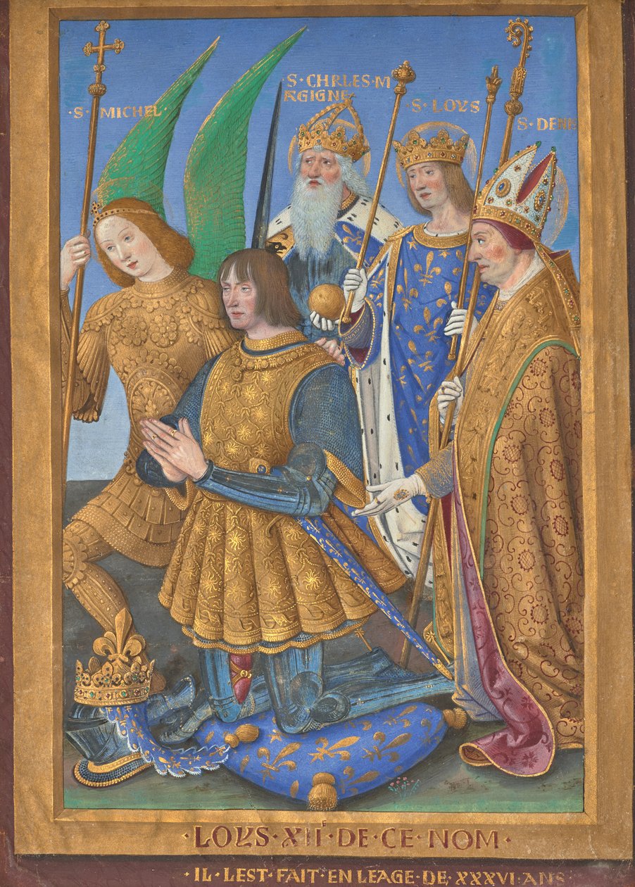 Ludvig XII Ranskan polvistumassa rukouksessa, mukana pyhät Mikael, Kaarle Suuri, Louis ja Denis tekijältä Jean Bourdichon
