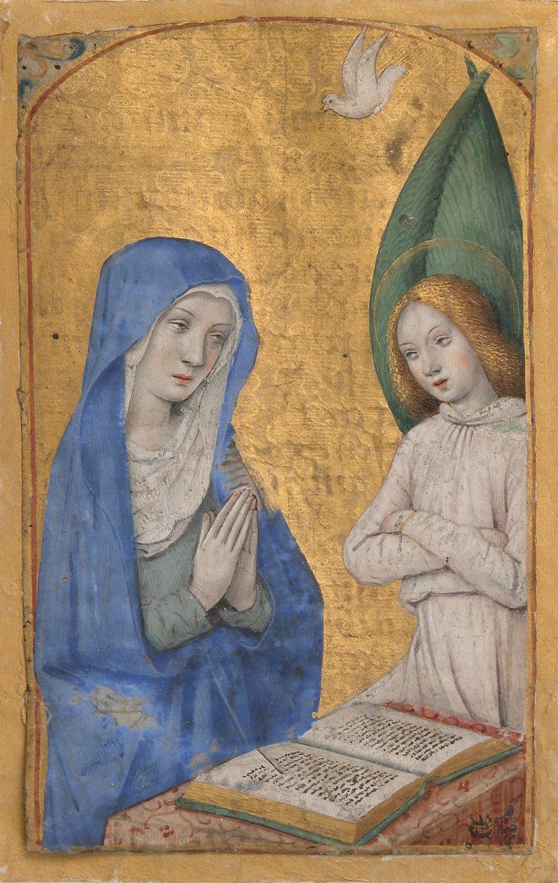 Käsikirjoituslehti Ilmoituksen kanssa Tuntikirjasta, n. 1485-90. tekijältä Jean Bourdichon