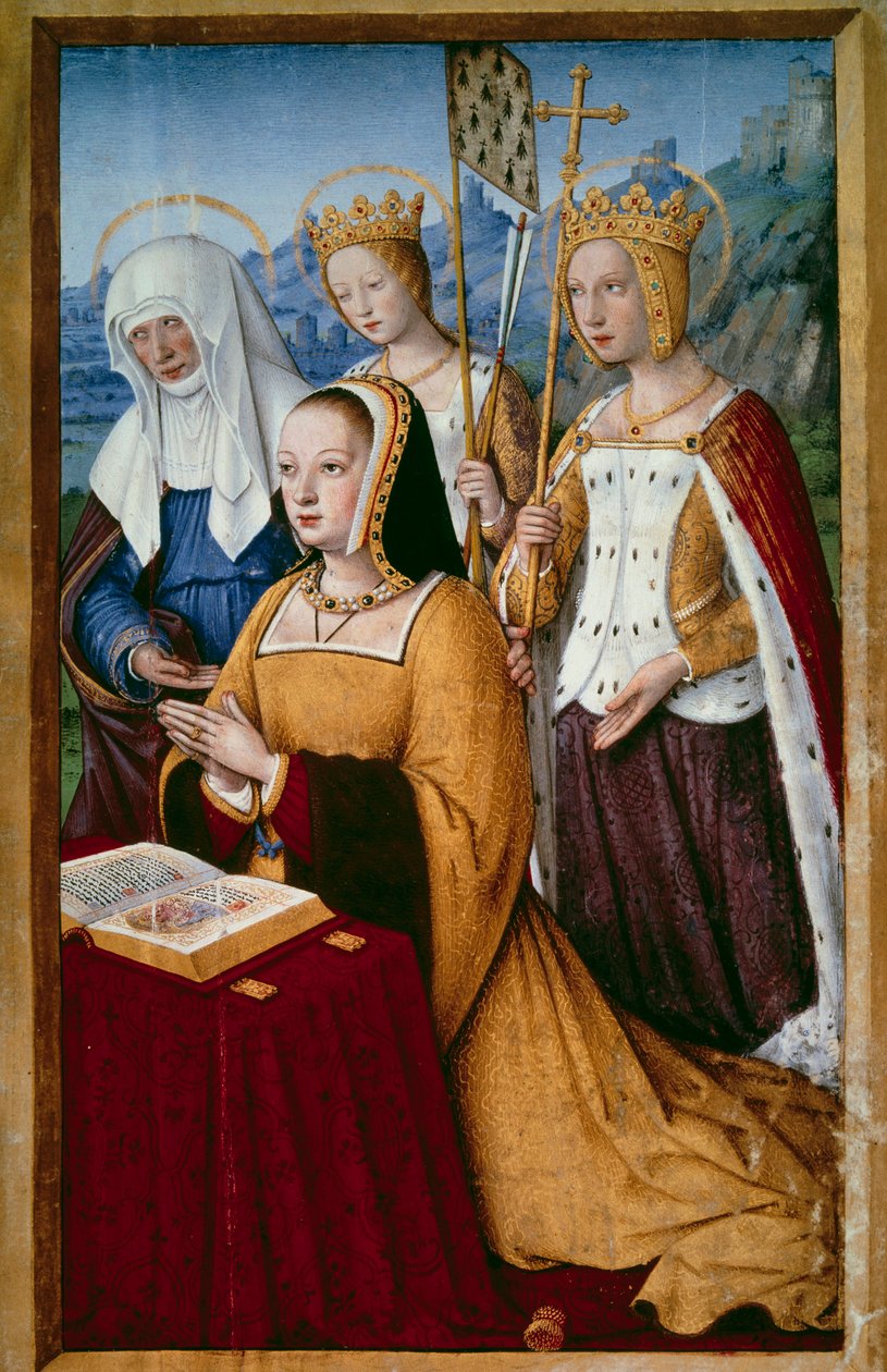 Muotokuva Bretagnen Annasta (1477-1514), Ranskan kuningattaresta, rukoilemassa pyhien suojeluspyhimystensä Pyhän Annan, Pyhän Helenan ja Pyhän Ursuleen kanssa Pienoiskuva Jean Bourdichonin (1457-1521) 1503-1508 teoksesta "Bretagnen Annan suuret tunnit". Pa tekijältä Jean Bourdichon