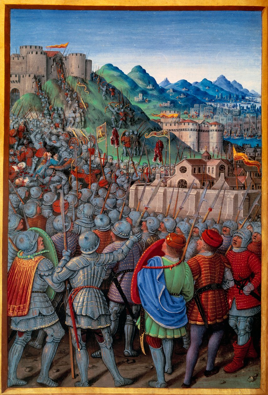 Genois hyökkäsi ranskalaisten Castellacio de Genesin vartijaa vastaan (12. maaliskuuta 1507). Jean Bourdichonin (1457? - 1521) pienoismalli teoksessa "" Voyage de Genes"" (Folio 20v), kirjoittanut Jean Marot, v.1508. Pariisi, NL tekijältä Jean Bourdichon