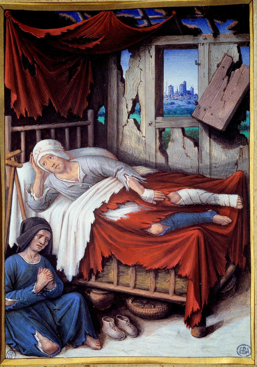 Köyhän miehen kuolema. Nainen kuolevan miehen sängyn vieressä, rukoile. Jean Bourdichonin maalaus (v.1457-1521) tekijältä Jean Bourdichon