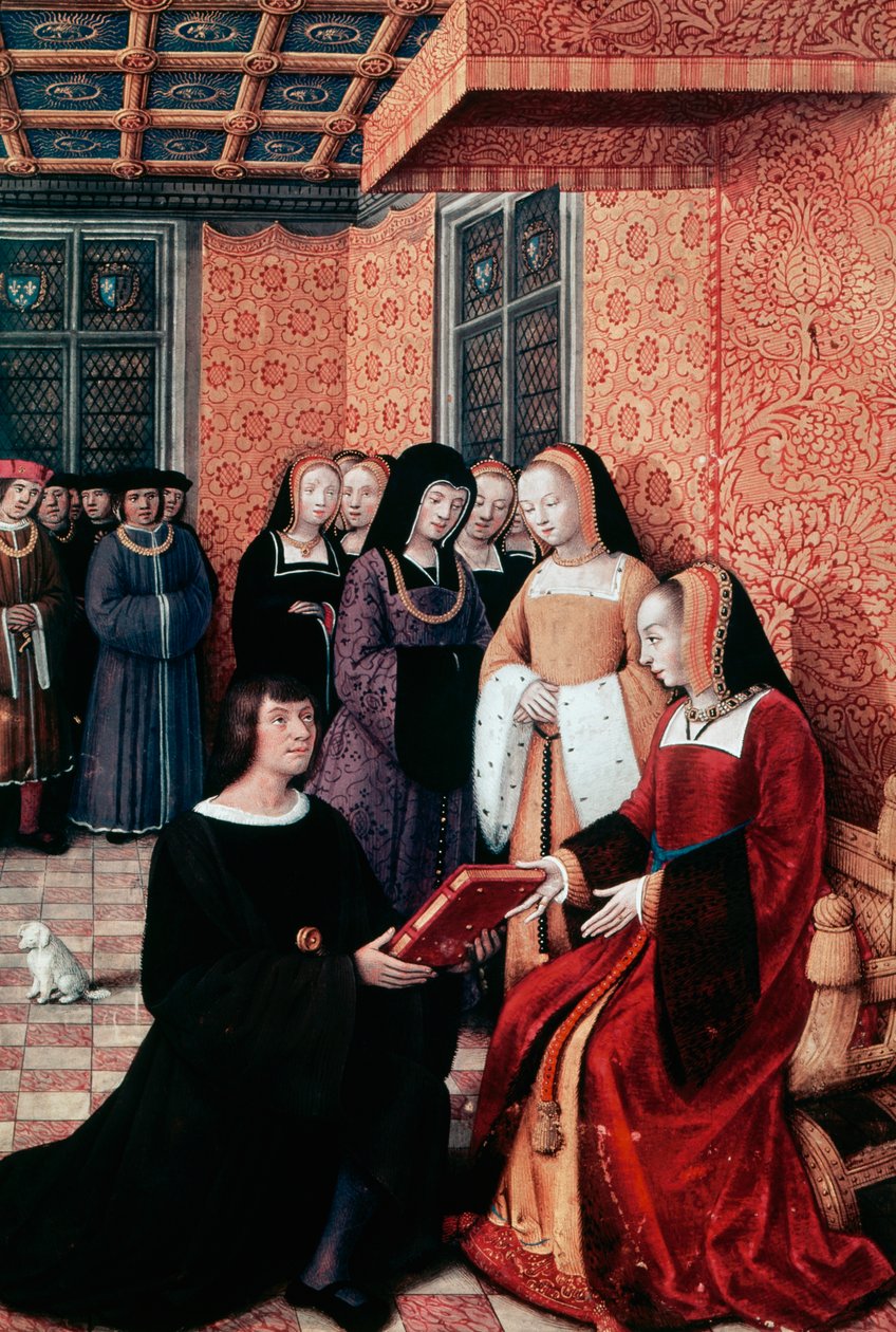 Runoilija Jean Marot (1450-1526) luovuttamassa teoksensa Matka Genovaan Bretagnen Annelle (1477-1514), n. 1508, Jean Bourdichonin (1457-1521) miniatyyri. Ranska tekijältä Jean Bourdichon