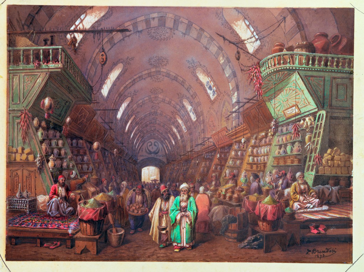 Bazaari Konstantinopolissa, 1873 tekijältä Jean Brindesi