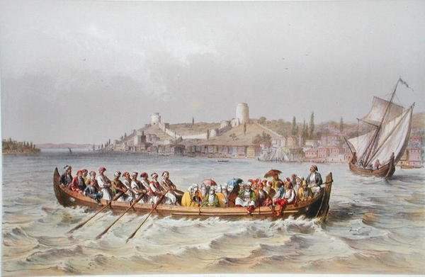 Lautta Bosporinsalmella, kuvitus teoksesta "Souvenirs de Constantinople", julkaistu 1855 (väri litho) tekijältä Jean Brindesi