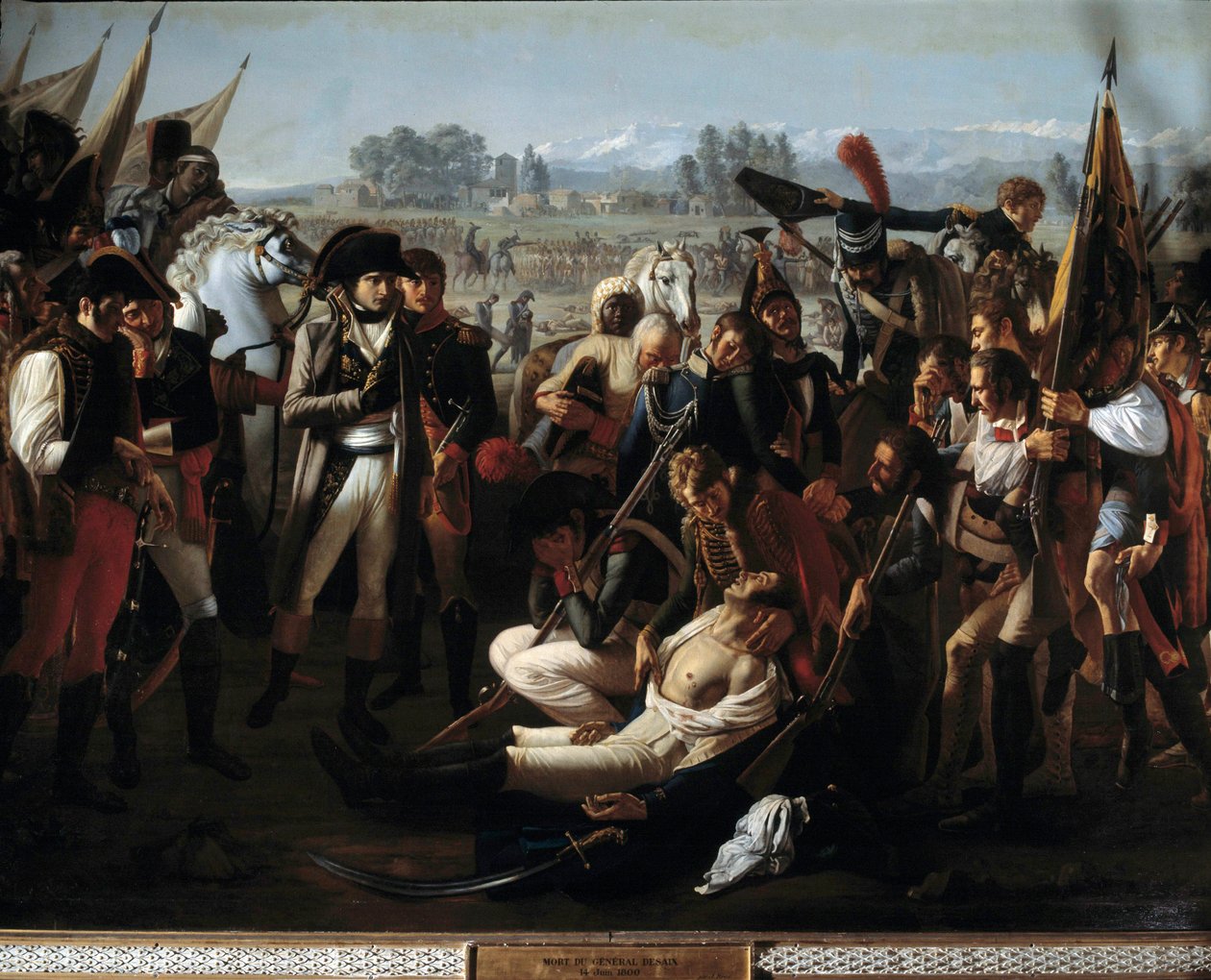 Kenraali Charles Antoine Desaix de Veygoux (1768-1800) kuoli Marengon taistelussa 14.6.1800 Napoleon Bonaparten (1769-1821) silmissä. Yksityiskohta. Jean Brocin (1771-1850) maalaus 1800-luvulta. Himmeä. 3,2x4,5 m. tekijältä Jean Broc