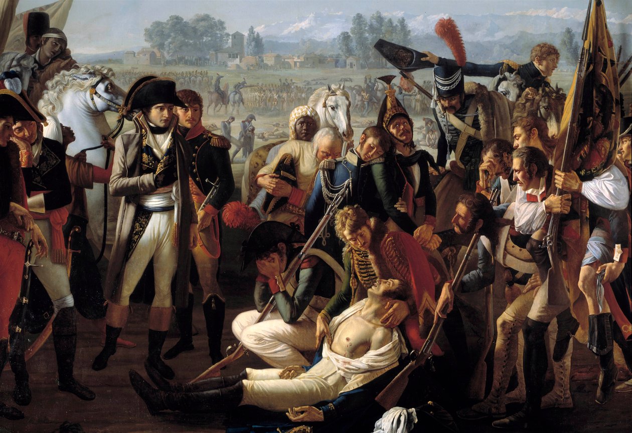 Kenraali Charles Antoine Desaix de Veygoux (1768-1800) kuoli Marengon taistelussa 14.6.1800 Napoleon Bonaparten (1769-1821) silmissä. Yksityiskohta. Jean Brocin (1771-1850) maalaus tekijältä Jean Broc