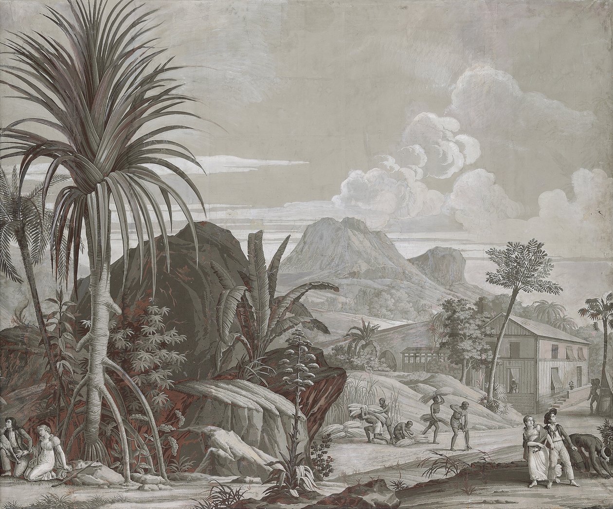 Lähdössä kävelylle, tapettipaneeli sarjasta "Paul et Virginie", kirjoittaja Dufour & Cie, n. 1823 tekijältä Jean Broc