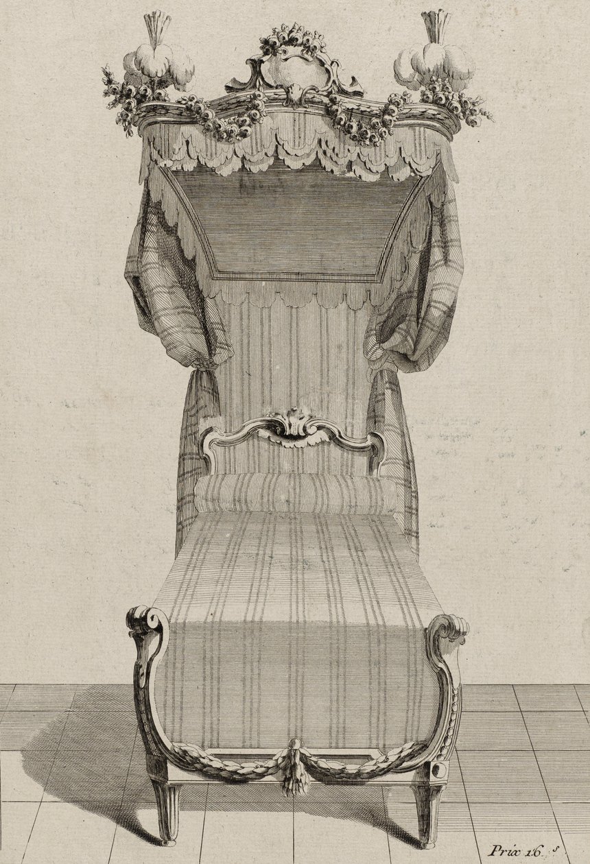 Ranskalainen sänky, julkaistu 1770-luvun puolivälissä (kaiverrus paperille) tekijältä Jean Charles (after) Delafosse
