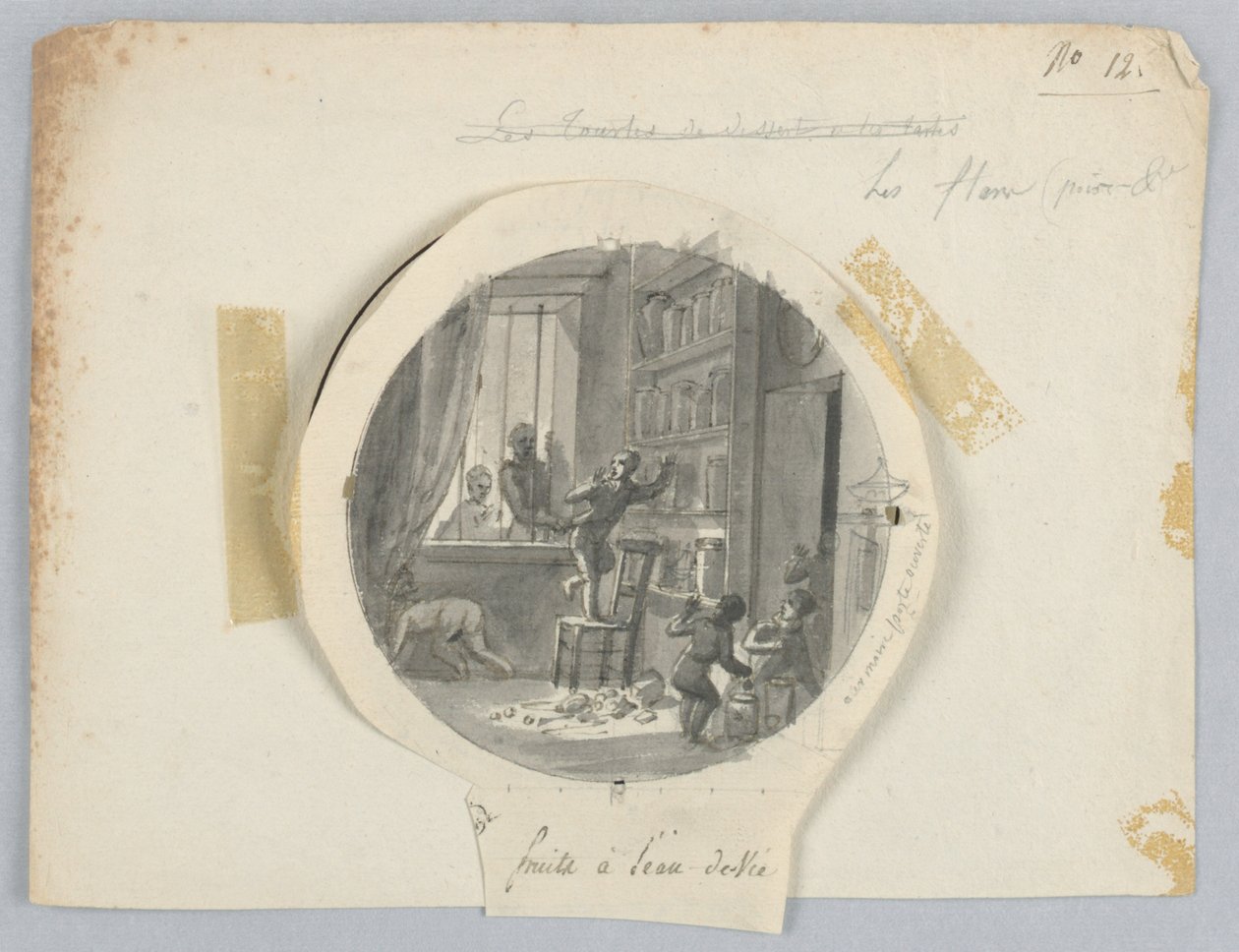 Suunnittelu maalatulle posliinilautaselle, hedelmiä luumuviinaa varten Services des Objets de Dessert (jälkiruokapalvelu) tekijältä Jean Charles Develly