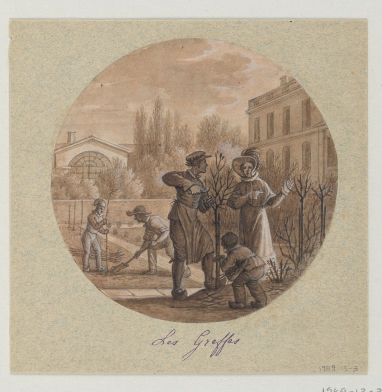 Suunnittelu maalatulle posliinilautaselle, Les Greffes (Grafts) Service de la Culture des Fleursilta (kukkien viljelypalvelu) tekijältä Jean Charles Develly