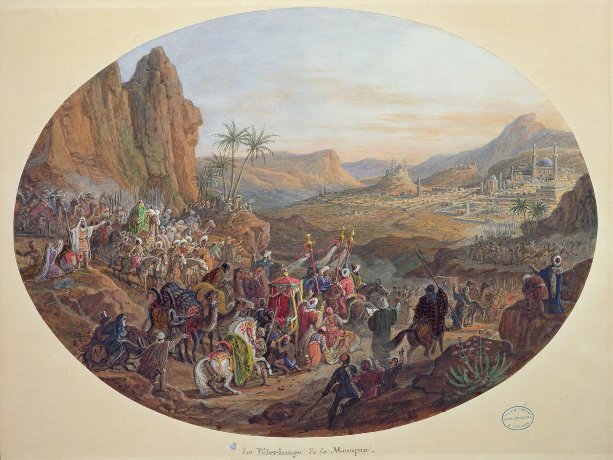 Suunnittelu lautassarjalle, joka kuvaa "Pyhiinvaellusmatka Mekkaan", Manufacture de Sevresille, n. 1839-1840 (guassi paperille) tekijältä Jean Charles Develly