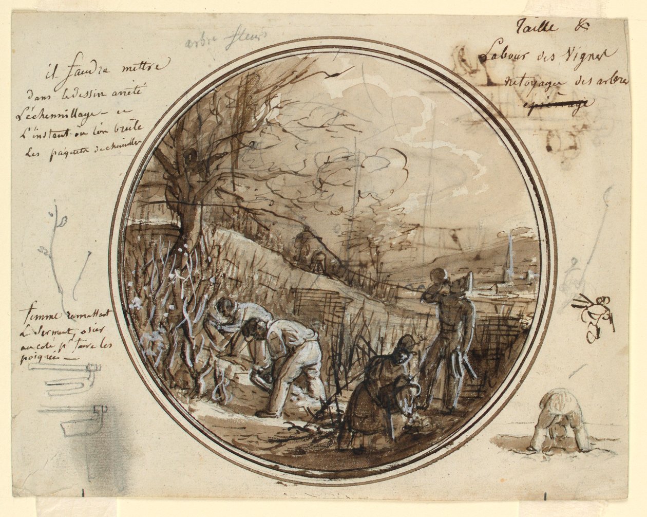 Piirustus, piirustus maalattua posliinilautasta varten, leikkaaminen ja työskentely viinitarhassa, 1819-20 tekijältä Jean Charles Develly
