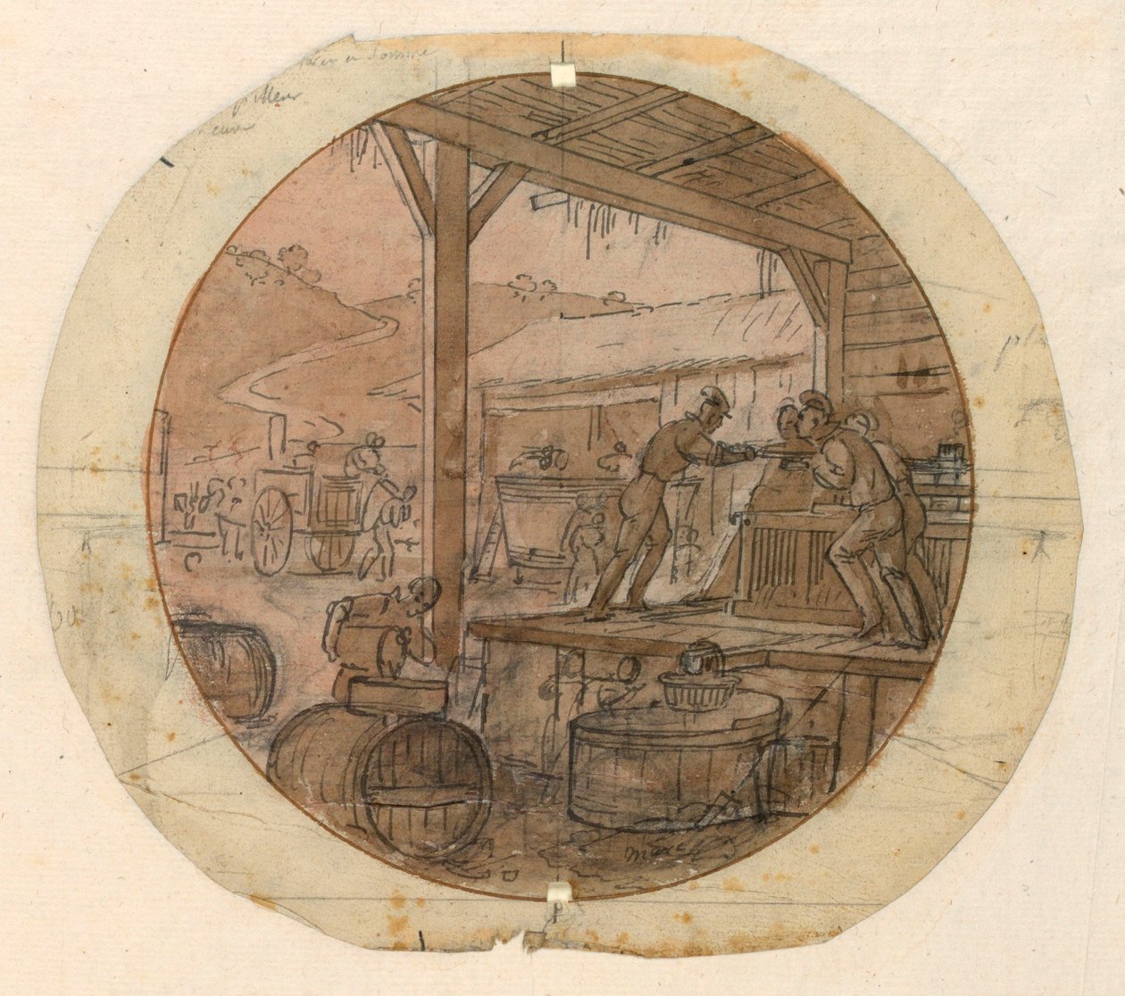 Piirustus, maalattu posliinilautanen, tavaran lastaaminen tai purkaminen, 1820-35. tekijältä Jean Charles Develly