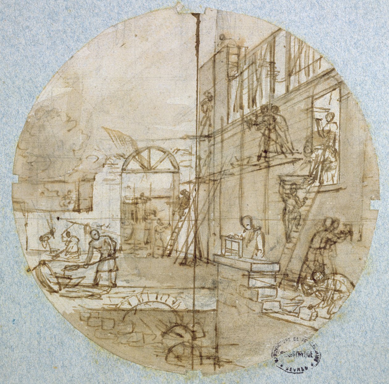 Vapaamuurarien työpaja, lautassuunnittelu eri ammatteja kuvaavaan palveluun, n. 1820-35 (kynä ja muste sekä pesu ja guassi paperille) tekijältä Jean Charles Develly