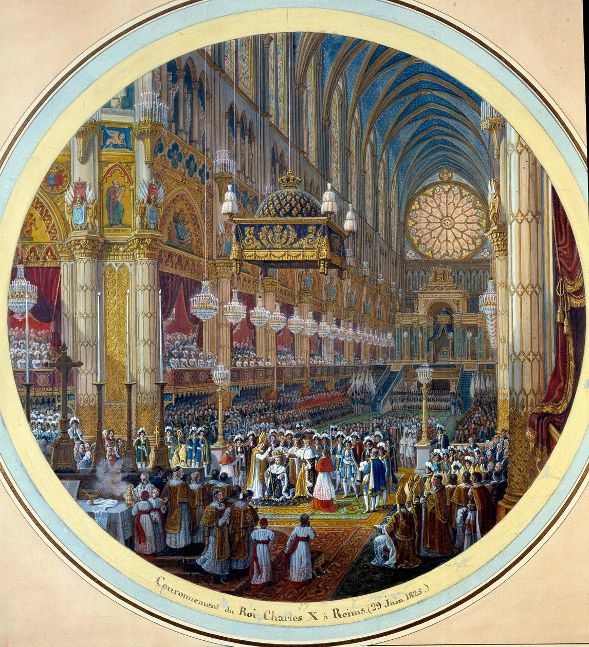 Kaarle X:n (1757-1836) kruunaus Reimsin katedraalissa 28.5.1825 Jean Charles Devellyn (1783-1862) akvarellimaalaus gueridon-projektiin 1825 Halk. 0,37 m. Sevres. Posliinin valmistus tekijältä Jean Charles Develly