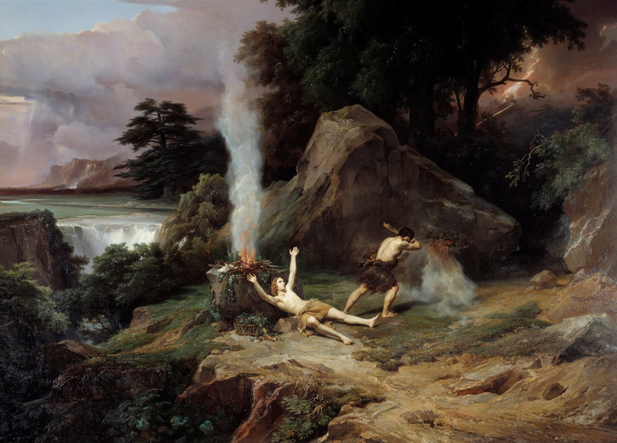 Abel Cainin mustasukkainen kuolema tappaa hänen veljensä Abelin. Jean Charles Remondin (1795-1875) maalaus 1838 su. 2,65x3,98 m Montpellier musee Fabre tekijältä Jean Charles Joseph Rémond