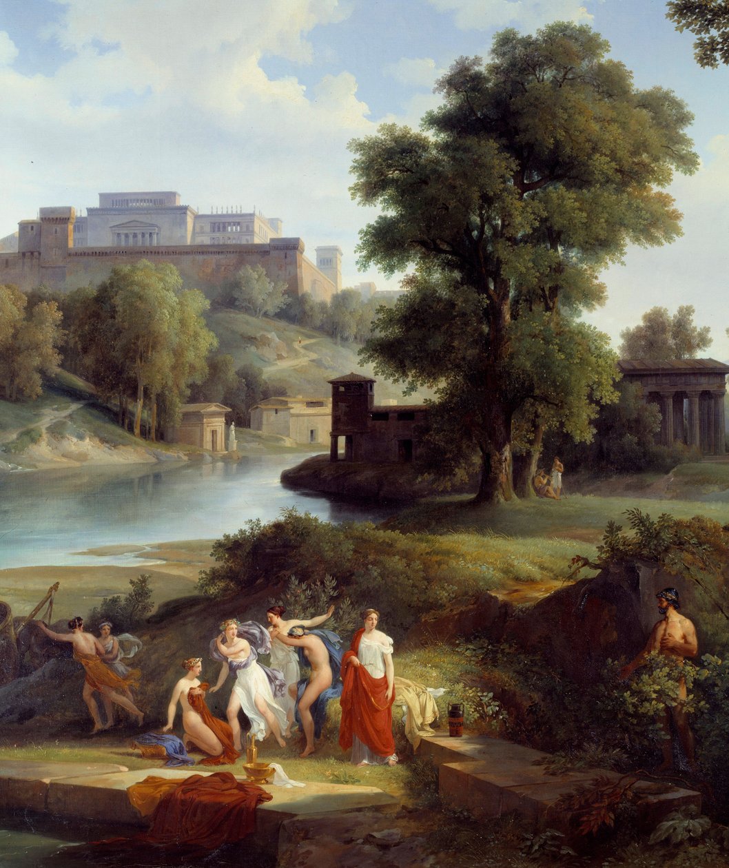 Homeren Odyssee: "" Ulysses näkee Nausicaan, kuningas Alcinoosin tyttären, pelaavan palloa seuraajiensa kanssa"" Yksityiskohta. Jean Charles Remondin (1795-1875) maalaus 1830 Nantes, Musee des Beaux Arts tekijältä Jean Charles Joseph Rémond