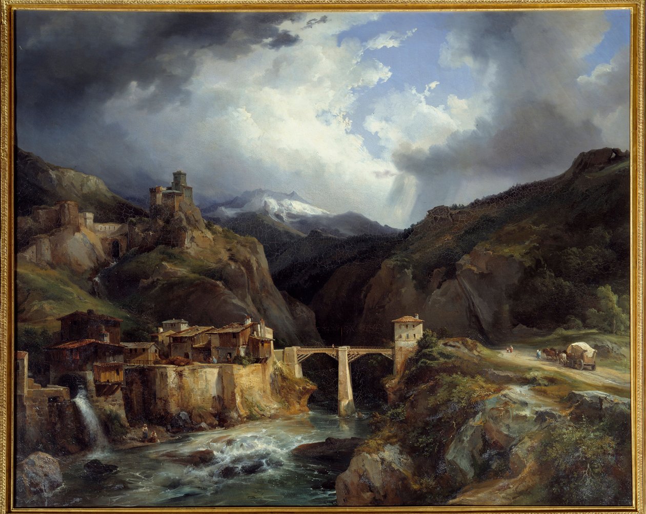 Crevolan kylä ja silta Simplon-tiellä. Jean Charles Remondin (1795-1875) maalaus tekijältä Jean Charles Joseph Rémond