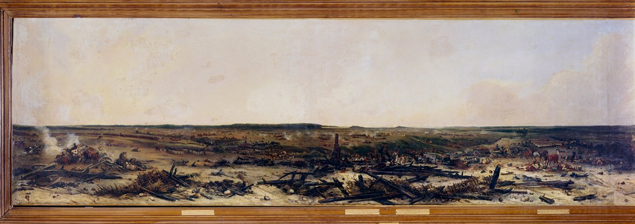 Venäjän kampanja: "" Panoraama Moskovan taistelusta 7.9.1812"". Moskovan taistelu (myös Borodinon taistelu) Napoleon I Bonaparten (1769-1821) ranskalaisten ja Mihail Golenichchev Kutuzovin (Golenishchev) johtaman Venäjän keisarillisen armeijan välillä tekijältä Jean Charles Langlois