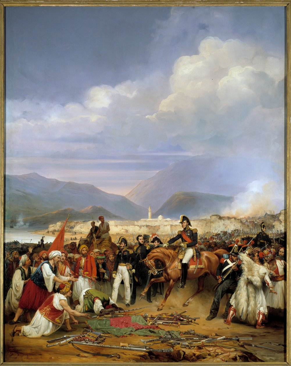 Kreikan itsenäisyyssota (1828-1833): "" Kenraalitalo vastaanottaa Moreen linnan antautumisen 30. lokakuuta 1828"" Jakso Moreen (1828-1832) tutkimusmatkasta Peloponnesoksella. Jean Charles Langlois