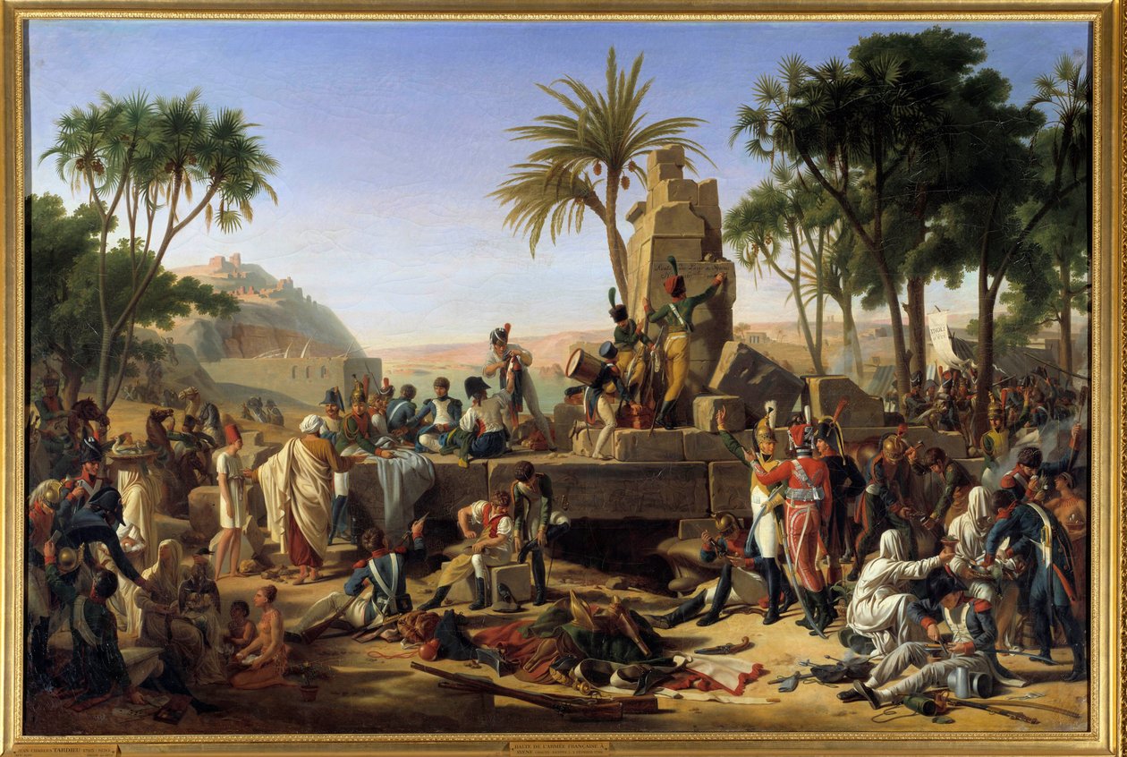 Egyptin kampanja (retkikunta) (1798-1801): "" Pysäyttäkää Ranskan armeija Syenessä Ylä-Egyptissä, 2.2.1799"" Sotilaat lepäävät. Jean Charles Tardieu dit Tardieu Cochin (1765-1830) maalaus. 1812. Dim. 1,12x1,64 m. tekijältä Jean Charles Tardieu
