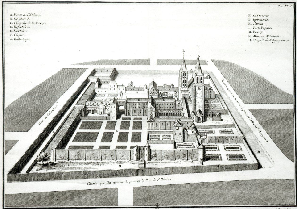Näkymä Saint-Germain-des-Presin luostarista ennen vuotta 1640, kaiverrettu Antoine Herisset (1685-1769) tekijältä Jean Chaufourier