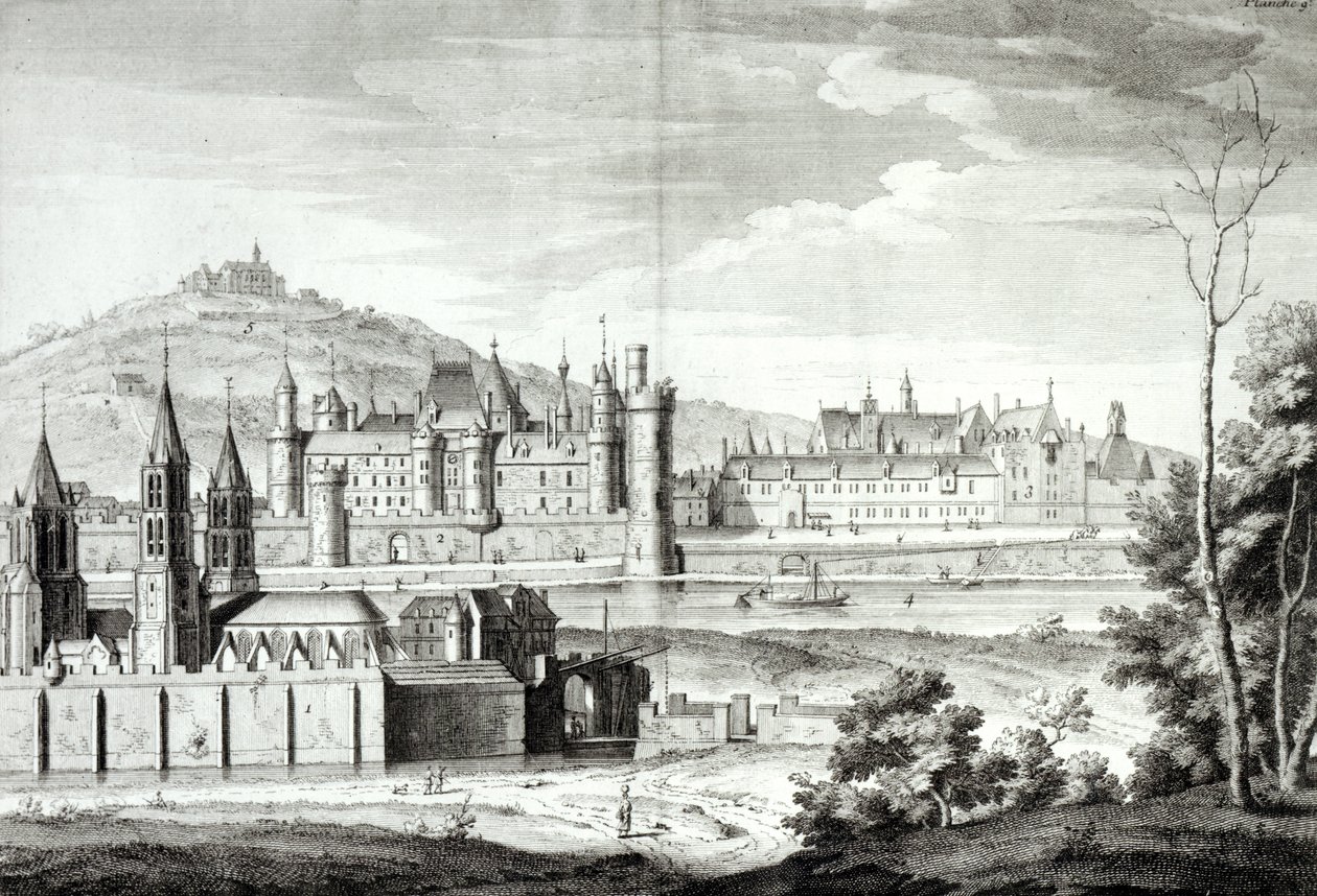 Näkymä Saint-Germain-des-Presin luostarista, Louvresta, Petit Bourbonista, Montmartresta ja Seine-joesta vuonna 1410, kaiverrettu Antoine Herisset (1685-1769) tekijältä Jean Chaufourier
