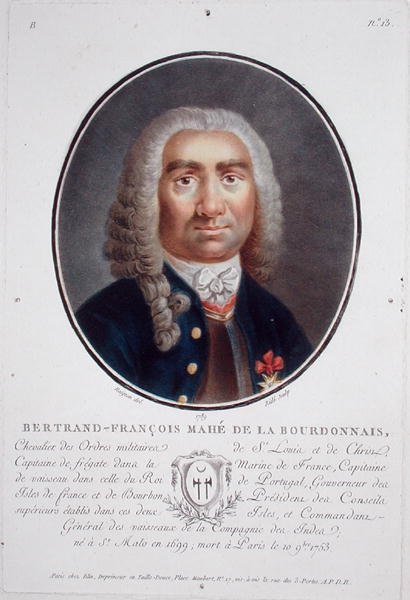 Bertrand-Francois Mahe de la Bourdonnais (1699-1753) teoksesta "Muotokuvia suurista miehistä, maineikkaista naisista ja ikimuistoisista Ranskan kohteista", Riden kaivertama, julkaistu 1787-92 (värilitho) tekijältä Jean Claude (after) Naigeon