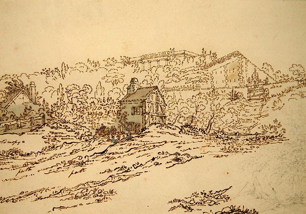 Pavillon de Musique de la Comtesse du Barry Louveciennesissä, Pariisissa (kynä, kynä ja muste vesivärillä paperilla) tekijältä Jean Claude (attr. to) Nattes