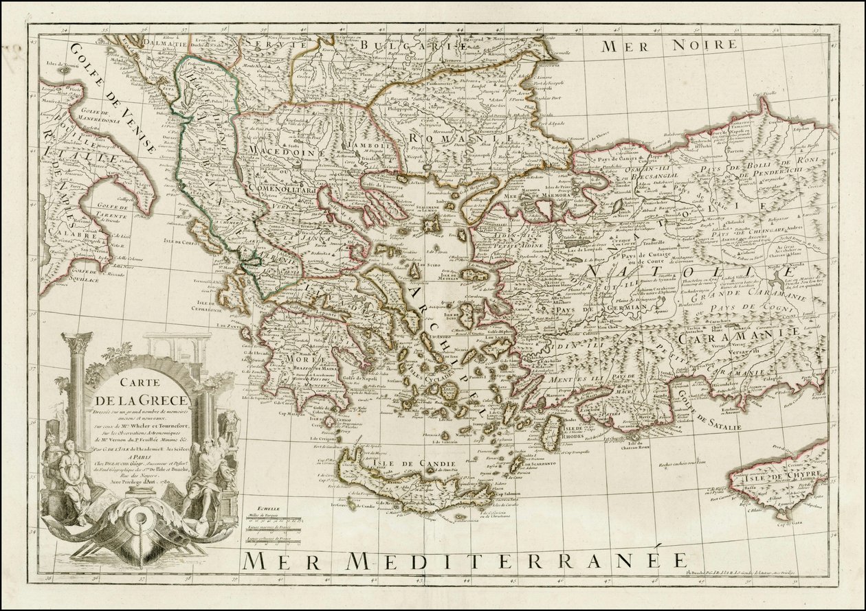 1780 kartta - Carte de la Grece Dressee sur un grand nombre de memoires anciens et nouveaux, Sur ceux de Mrs. Whele et Tournefort. tekijältä Jean Claude Dezauche