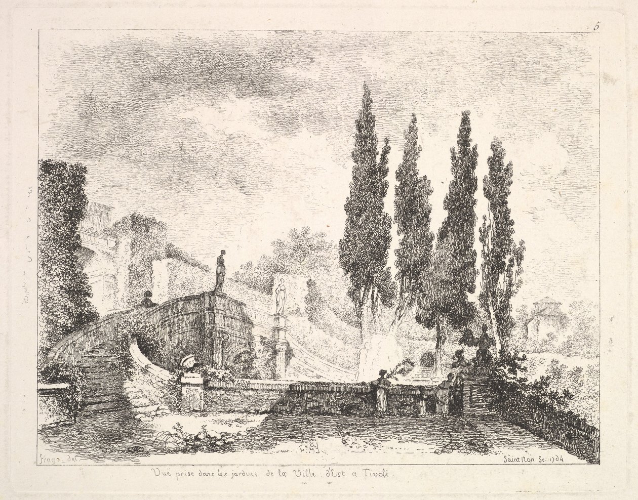 Näkymä Villa dEsten puutarhaan Tivolissa, kyprospuut oikealla, portaat..., 1764. tekijältä Jean Claude Richard Saint Non
