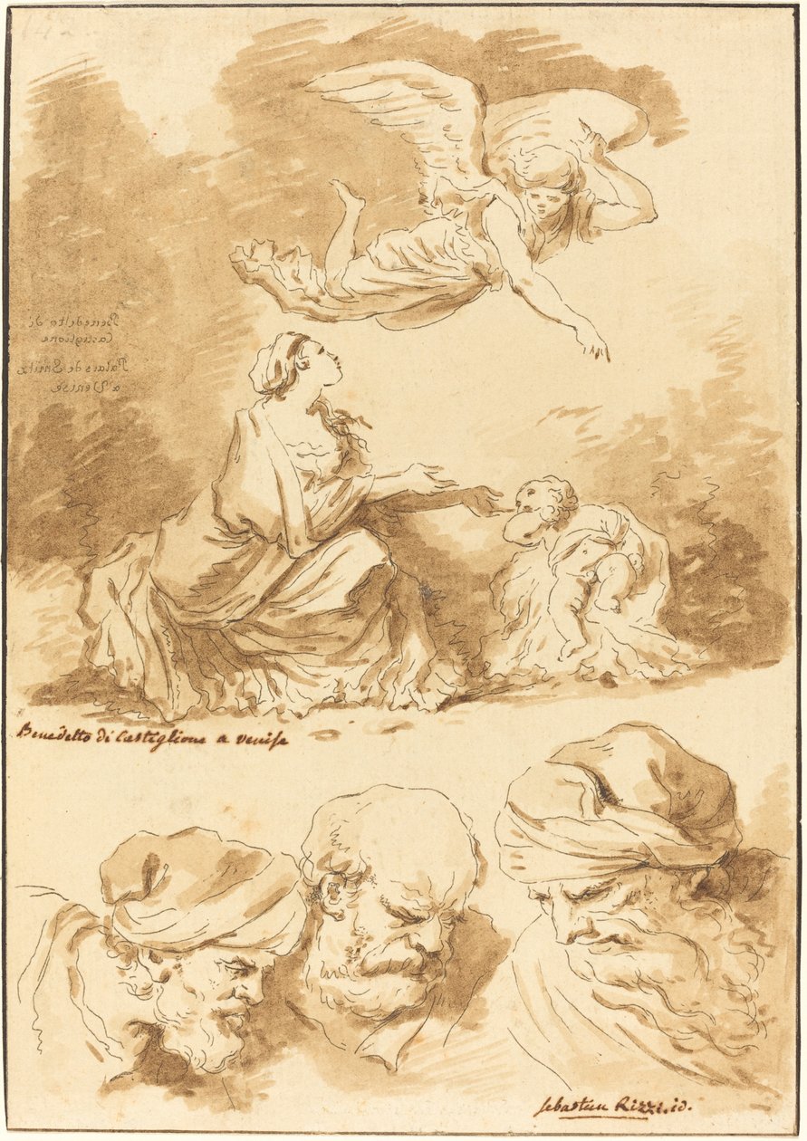 Enkelin lohduttama Hagar (Castiglionen maalauksesta) ja Kolme vanhan miehen päätä (Riccin maalauksesta Jeesuksesta ja avioliitosta) tekijältä Jean Claude Richard de Saint Non after Jean Honoré Fragonard