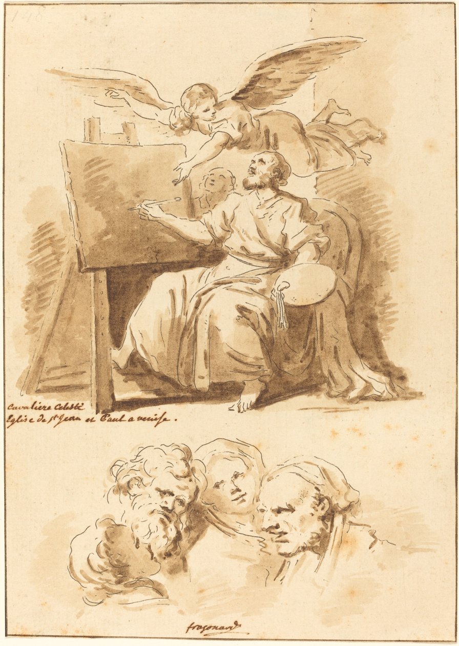 Pyhä Luukas maalaustelineessään ja neljä ilmeikkäää päätä tekijältä Jean Claude Richard de Saint Non after Jean Honoré Fragonard after Andrea Celesti