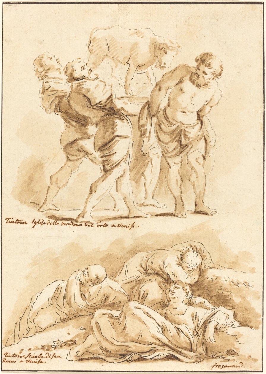 Kultaisen vasikan ja Kristuksen palvonta Öljymäellä tekijältä Jean Claude Richard de Saint Non after Jean Honoré Fragonard after Jacopo Tintoretto