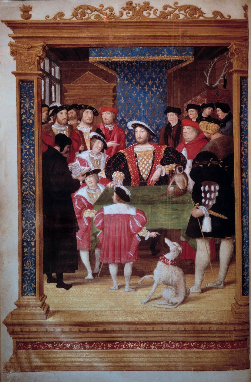 Antoine Macault lukee käännöstään kuningas Francois I:lle (1494-1547) ja hänen hovilleen Kuninkaan ympärillä ovat hänen poikansa Francois, Henri (tuleva Henrik II) ja Kaarle. Vasemmalla esitykset (vasemmalta oikealle): Claude d