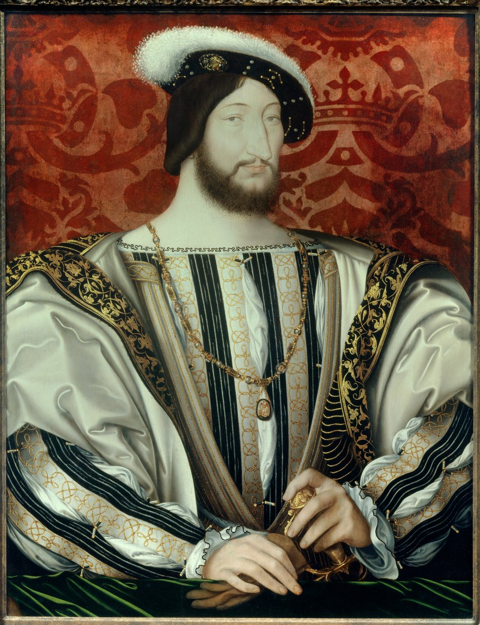 Ranskan kuninkaan Francis I:n (1494-1547) muotokuva (pyhän Mikaelin ritarikunnan kauluksella) öljy puulle, n. 1530 tekijältä Jean Clouet