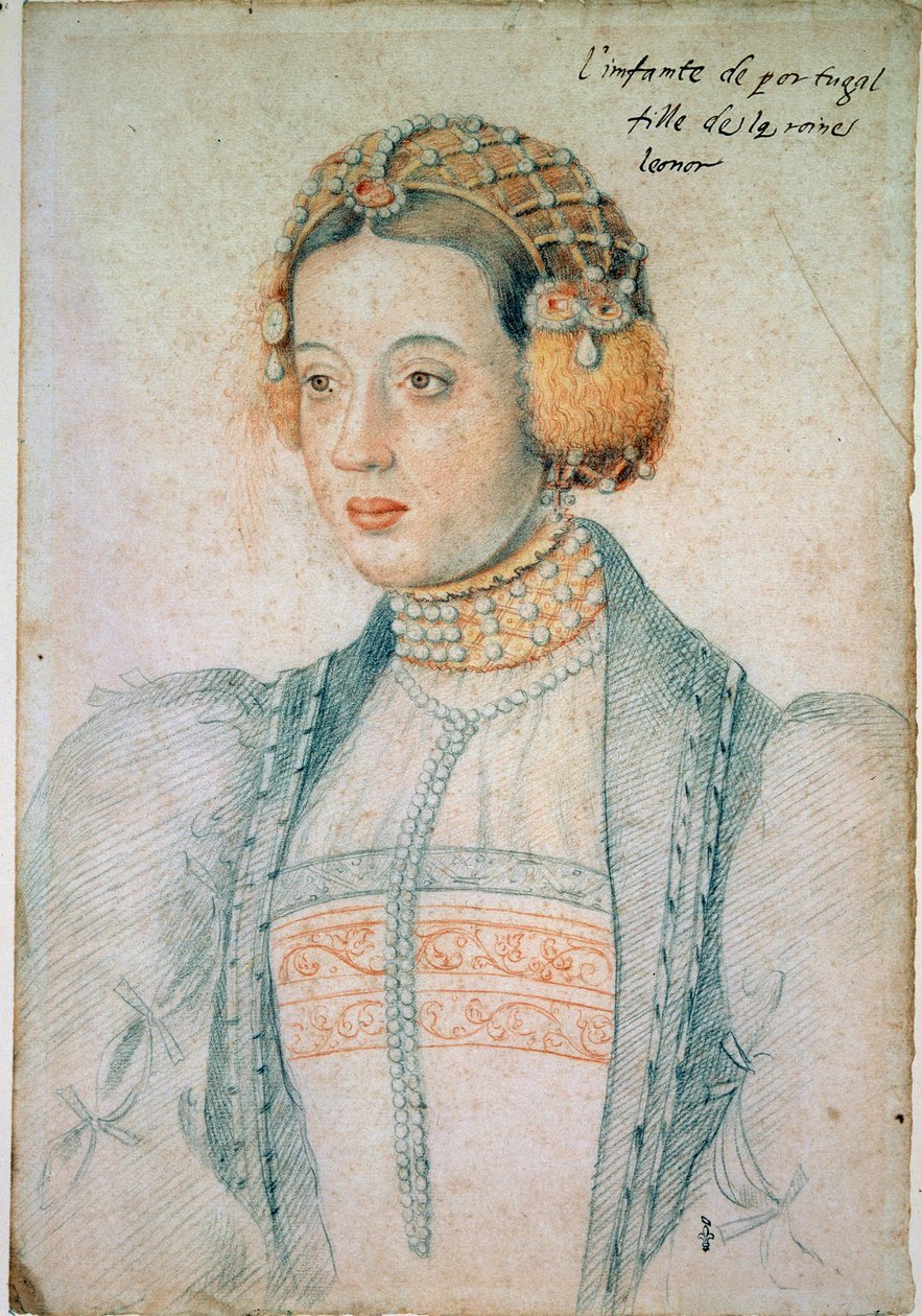 Portugalilaisen Manuel I:n ja itävaltalaisen Eleonoren tyttären muotokuva. Mustan kiven ja veren piirtäminen, Jean Clouet (1475/1485-1540) tekijältä Jean Clouet