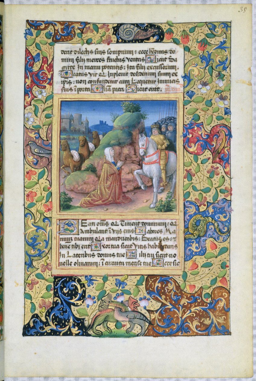 neiti Lat. Q.v.I.126 f.35 Abigailin ja Davidin tapaaminen, Louis dOrleansin tuntikirjasta, 1490 tekijältä Jean Colombe