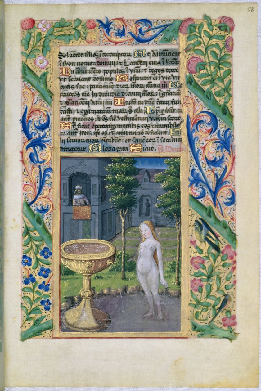 neiti Lat. Q.v.I.126 f.58 Daavid vakoilee Batshebaa hänen kylpeessään, Louis dOrleansin tuntikirjasta, 1469 tekijältä Jean Colombe