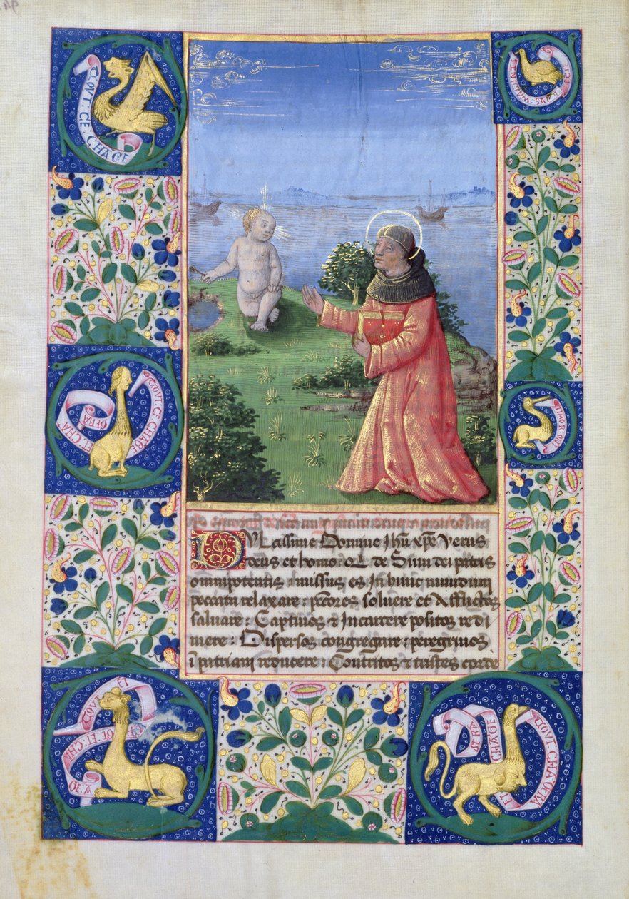 neiti Lat. Q.v.I.126 f.94v Louis of Orleans (1462-1515) rukoilemassa Kristus-lapsen edessä, Louis dOrleansin tuntikirjasta, 1469 tekijältä Jean Colombe