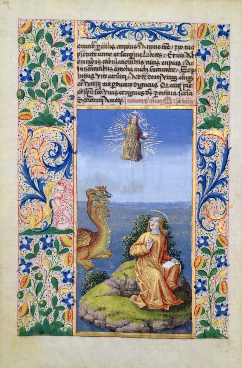 neiti Lat. Q.v.I.126 f.96v Pyhä Johannes evankelista Patmoksen saarella, Louis dOrleansin tuntikirjasta, 1469 tekijältä Jean Colombe