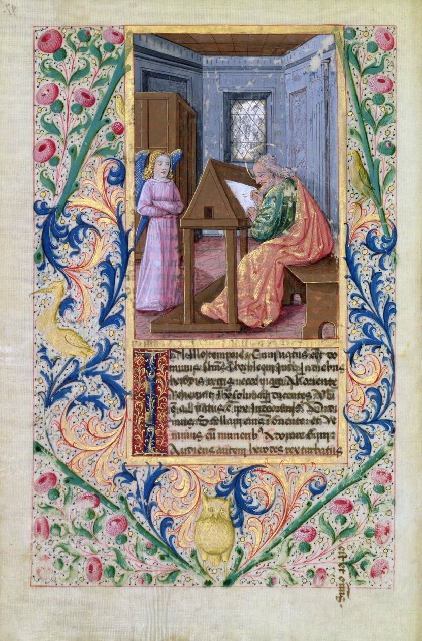 neiti Lat. Q.v.I.126 f.97v St. Matthew, Louis dOrleansin tuntikirjasta, 1469 tekijältä Jean Colombe