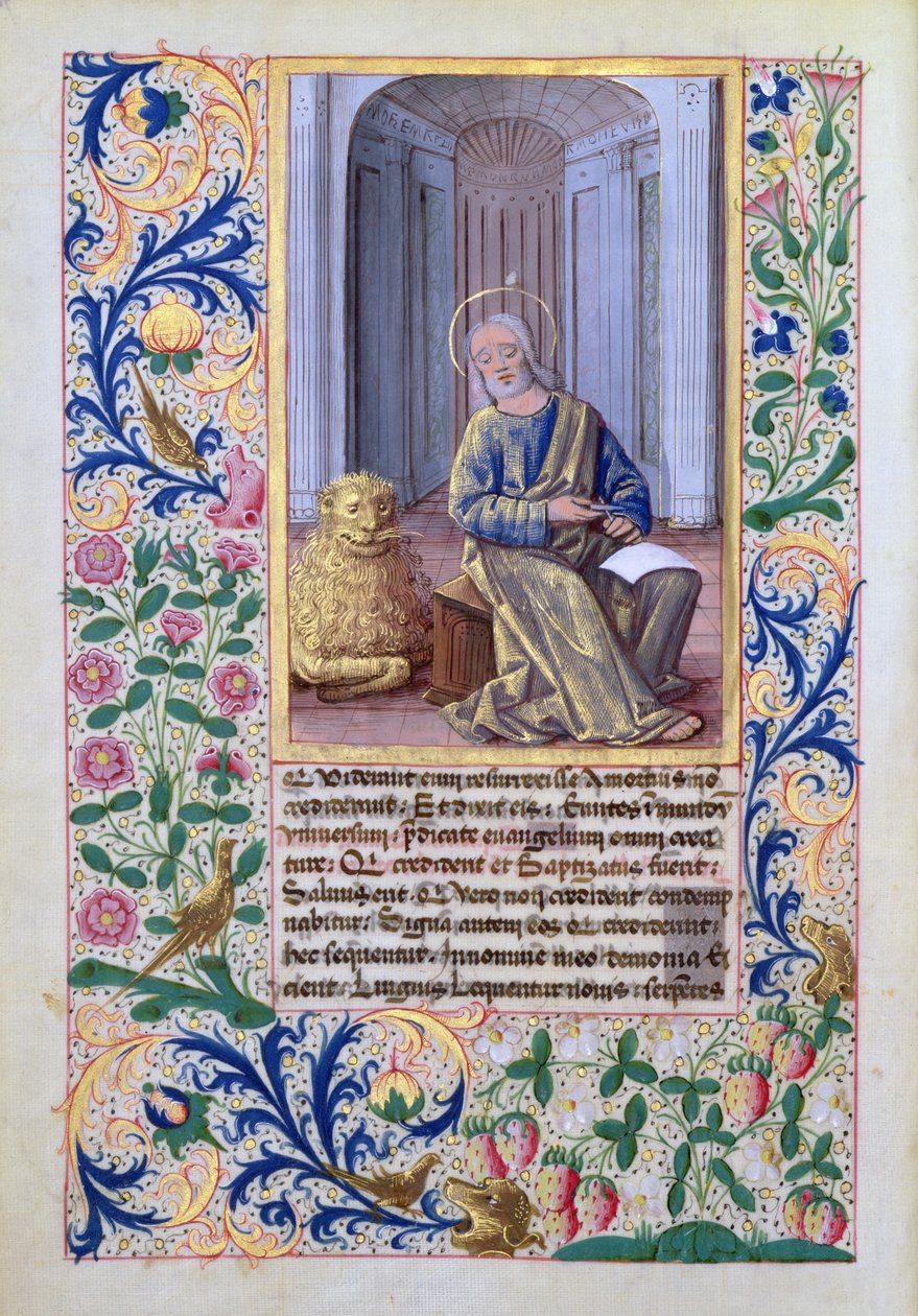 neiti Lat. Q.v.I.126 f.98v St. Mark, Louis dOrleansin tuntikirjasta, 1469 tekijältä Jean Colombe