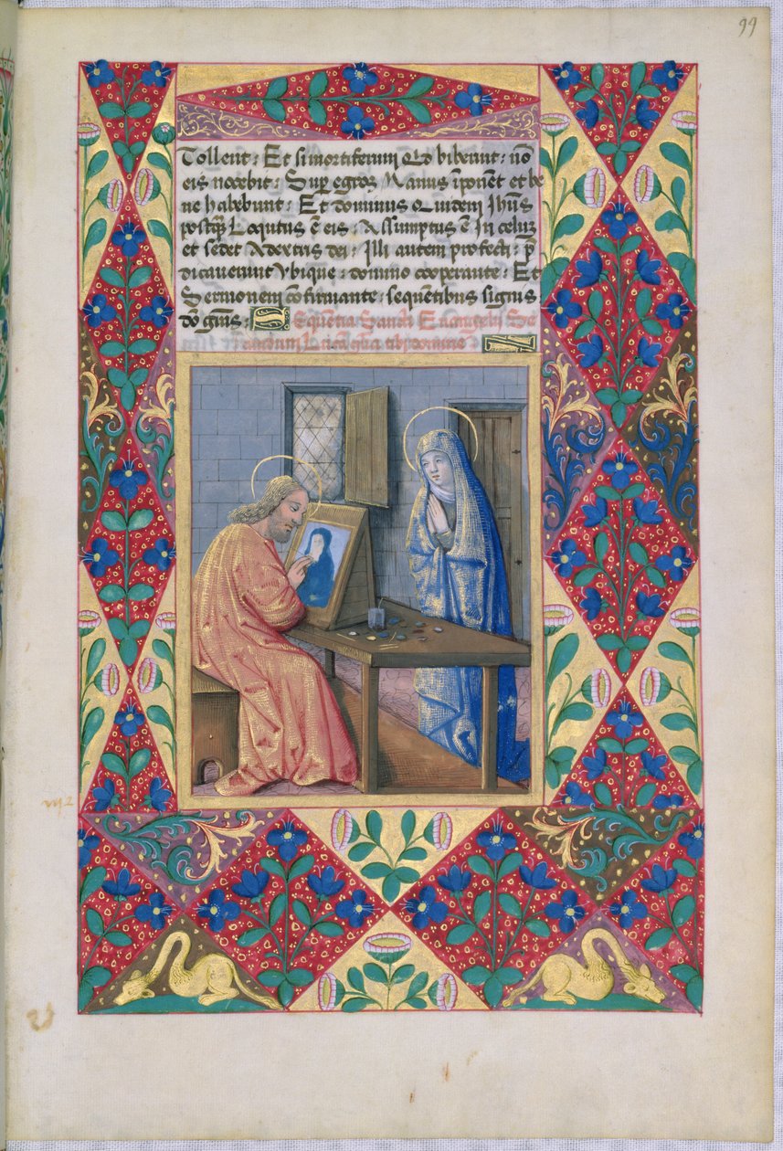 neiti Lat. Q.v.I.126 f.99 Pyhä Luukas maalaa Neitsyt Marian, Louis dOrleansin tuntikirjasta, 1469 tekijältä Jean Colombe