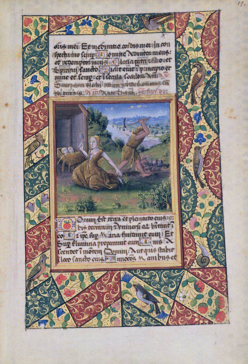 neiti Lat. Q.v.I.126 fol.15 Aadam ja Eeva uurastavat, Louis dOrleansin tuntien kirjasta, 1490 tekijältä Jean Colombe